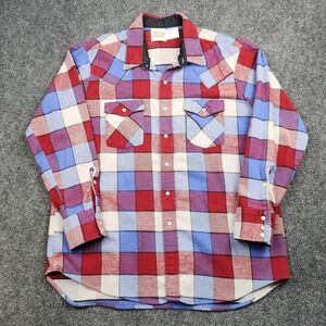 Vintage Saddle King Western Flannel Shirt Mens 2XL Red Blue Plaid Pearl Snap 80s